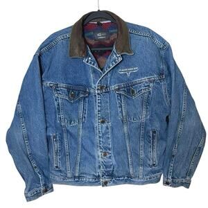 VTG ID Wear Denim Trucker Jacket Leather Collar Aztec Blanket Lining Medium
